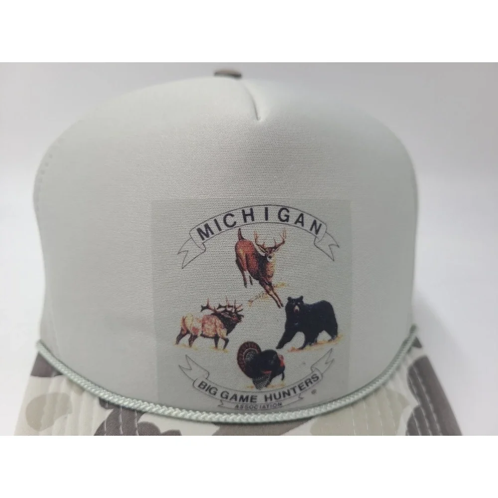 Vintage Michigan Big Game‎ Hunters Association Camo Rope Snapback Hat Cap Gray